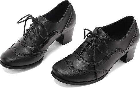 SoundSky Women's Brogue Oxford Heels Lace Up Block Heel Shoe, Black, 7 | Wingtip Detail, Mid Block Heel, Round Toe, Classic Style, Lace-Up Closure in Kuwait