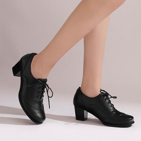 SoundSky Women's Brogue Oxford Heels Lace Up Block Heel Shoe, Black, 7 | Wingtip Detail, Mid Block Heel, Round Toe, Classic Style, Lace-Up Closure in Kuwait
