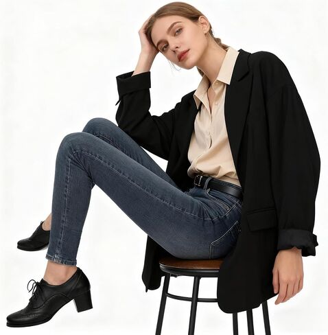 SoundSky Women's Brogue Oxford Heels Lace Up Block Heel Shoe, Black, 7 | Wingtip Detail, Mid Block Heel, Round Toe, Classic Style, Lace-Up Closure in Kuwait