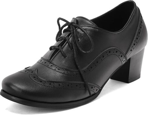 SoundSky Women's Brogue Oxford Heels Lace Up Block Heel Shoe, Black, 7 | Wingtip Detail, Mid Block Heel, Round Toe, Classic Style, Lace-Up Closure in Kuwait