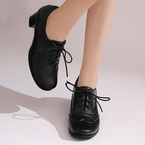 SoundSky Women's Brogue Oxford Heels Lace Up Block Heel Shoe, Black, 7 | Wingtip Detail, Mid Block Heel, Round Toe, Classic Style, Lace-Up Closure in Kuwait