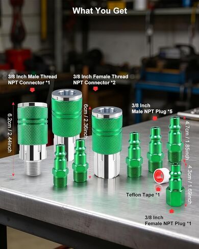9-Piece 3/8" High Flow Air Hose Fittings Set, 3 Couplers (2 FNPT + 1 MNPT) & 6 Plugs (5 FNPT + 1 MNPT) with 3/8" Body & 3/8" NPT Threads, Air Compressor Accessories Quick Connect Set, Max 300PSI in Kuwait
