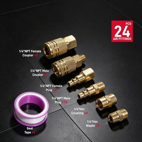 24PCS 1/4" NPT Quick Connect Air Hose Fittings Kit for Air Compressor, Couplers, Plugs & Adapters Set, Pneumatic Air Line Accessories, Thread Seal Tape, 300 PSI in Kuwait