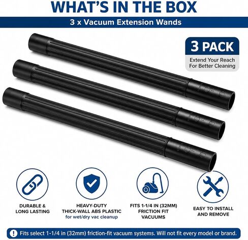 Heavy Duty 1 1/4 Vacuum Extension Wand Tube 19 Inch - Compatible with Shop-Vac Kirby Rainbow Oreck Hoover Ridgid Craftsman and More Wet/Dry Vac - 1.25" 32mm Friction Fit Wands - 3-Pack in Kuwait