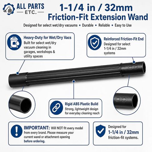Heavy Duty 1 1/4 Vacuum Extension Wand Tube 19 Inch - Compatible with Shop-Vac Kirby Rainbow Oreck Hoover Ridgid Craftsman and More Wet/Dry Vac - 1.25" 32mm Friction Fit Wands - 3-Pack in Kuwait