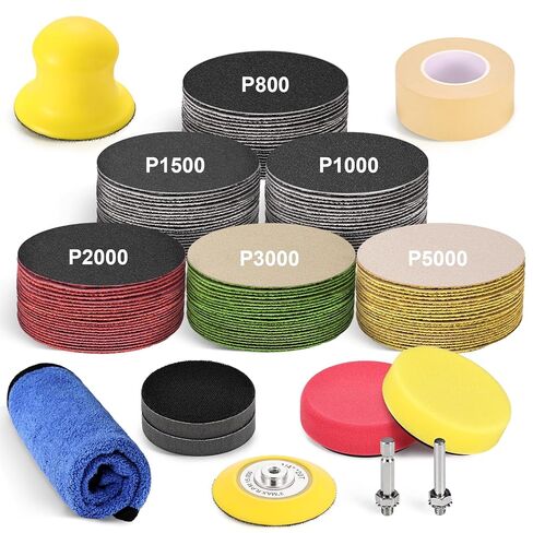 3 Inch Wet Dry Headlight Restoration Kit, Drill Sanding & Polishing Attachment with 800-5000 Grit Sandpaper Discs, 1/4 Shanks, Foam Pads, 3.5'' Face Buffing Polishing Pads, Masking Tape in Kuwait