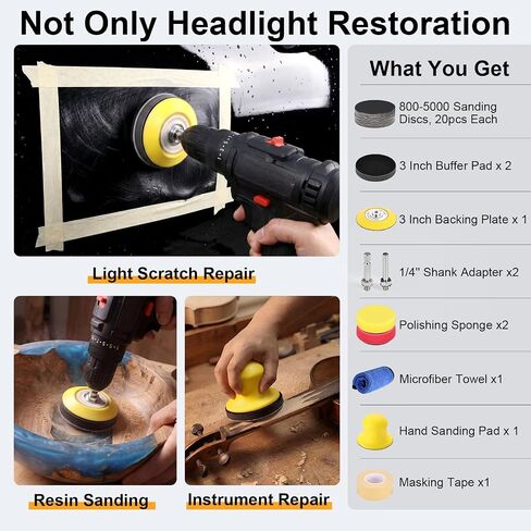 3 Inch Wet Dry Headlight Restoration Kit, Drill Sanding & Polishing Attachment with 800-5000 Grit Sandpaper Discs, 1/4 Shanks, Foam Pads, 3.5'' Face Buffing Polishing Pads, Masking Tape in Kuwait