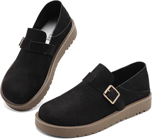 Women's Suede Loafers - Comfort Round Toe Slip-Ons with Vintage Buckle, Lightweight Work & Casual Shoes in Kuwait