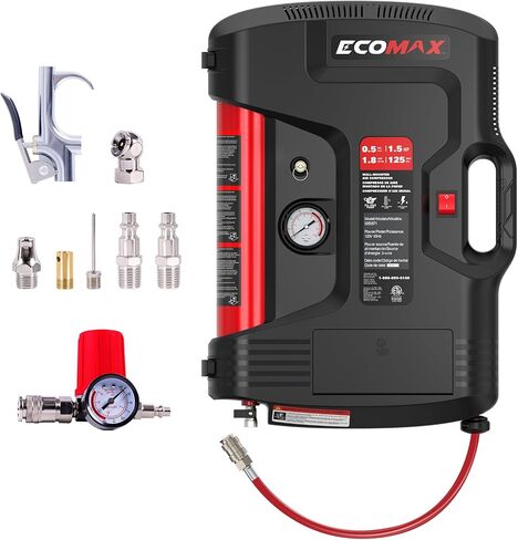 ECOMAX Wall Mount Air Compressor With 8 PCS Accessory Kit, Tire Inflator Portable Air Compressor with Retractable 30ft Air Hose, Mini Tank 125 PSI MAX Pressure & 1.5 HP for Garage and Home in Kuwait