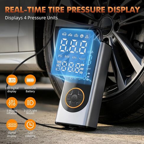 Eleanora Cordless Tyre Inflator air Compressor, Car Tire Pump 6000 mAh 150PSI 12V DC Electric Tyre Pump with LED Lights, Electric Air Pump for Vehicle Tyres/Bike/Motorbike/Ball/Inflatables in Kuwait