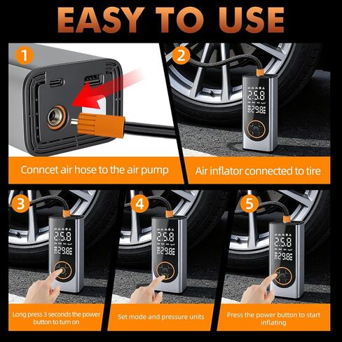 Eleanora Cordless Tyre Inflator air Compressor, Car Tire Pump 6000 mAh 150PSI 12V DC Electric Tyre Pump with LED Lights, Electric Air Pump for Vehicle Tyres/Bike/Motorbike/Ball/Inflatables in Kuwait