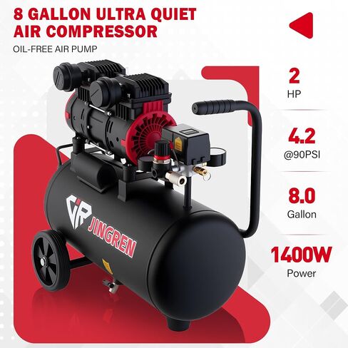 8 Gallon Quiet Oil Free Air Compressor With Air hose, Only 68dB, 2HP | Oilless Quiet Air Compressor, 4.2CFM, Max 120 PSI, 8 Gallon Air Tank for Car Repair, Spray Painting, Nailing With Air Hose in Kuwait
