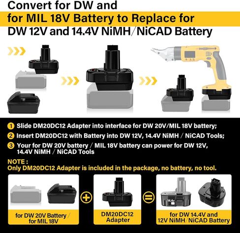 for Dewalt 20V Battery Adapter to 14.4V 12V Ni-Mh Nicd Power Tool Use, and for Milwaukee 18V M18 Battery Convert for Dewalt 12V-14.4V Ni-MH DC9091 DW9091 DW9094 DE9091 DE9071 DE9072 DE9075 in Kuwait