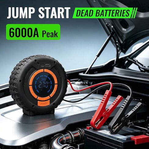 Car Jump Starter with Air Compressor 12V Lithium Battery Booster Pack, Emergency Jump Box for Car Battery, Fast Charging Power Bank with Digital Display and LED Light for Roadside Emergencies in Kuwait