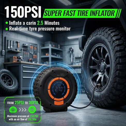 Car Jump Starter with Air Compressor 12V Lithium Battery Booster Pack, Emergency Jump Box for Car Battery, Fast Charging Power Bank with Digital Display and LED Light for Roadside Emergencies in Kuwait