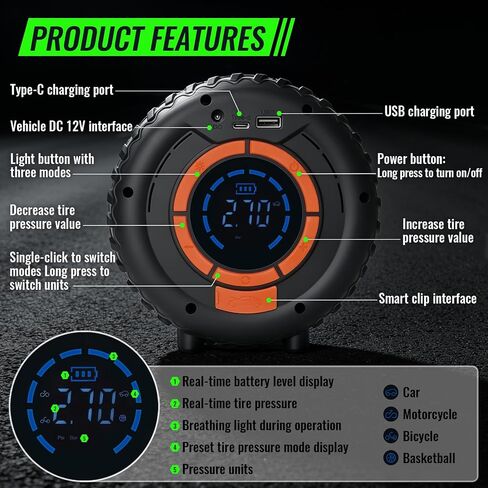 Car Jump Starter with Air Compressor 12V Lithium Battery Booster Pack, Emergency Jump Box for Car Battery, Fast Charging Power Bank with Digital Display and LED Light for Roadside Emergencies in Kuwait