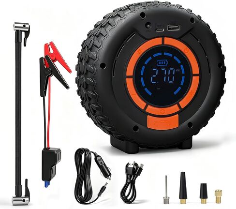 Car Jump Starter with Air Compressor 12V Lithium Battery Booster Pack, Emergency Jump Box for Car Battery, Fast Charging Power Bank with Digital Display and LED Light for Roadside Emergencies in Kuwait