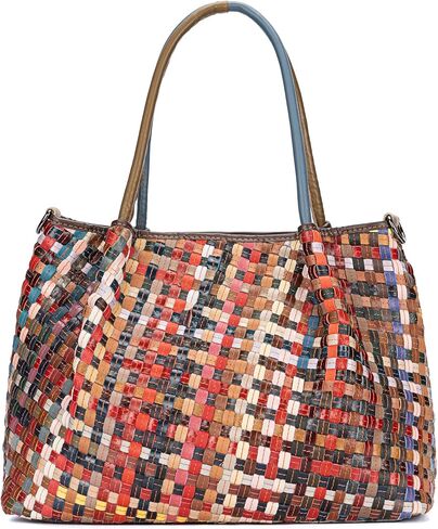 Women's Handwoven Genuine Leather Mosaic Tote Bag - Colorful Unique Design Stylish Shoulder Purse for Women in Saudi Arabia