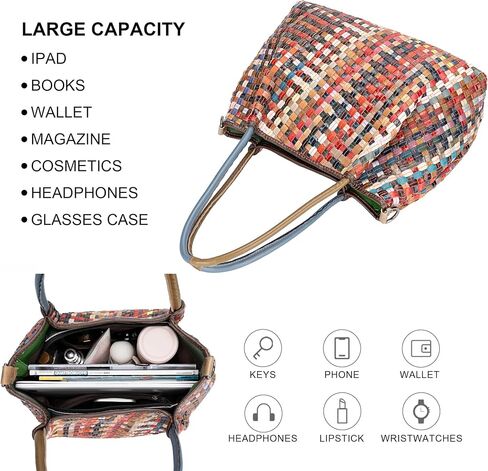 Women's Handwoven Genuine Leather Mosaic Tote Bag - Colorful Unique Design Stylish Shoulder Purse for Women in Saudi Arabia