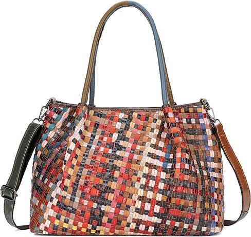 Women's Handwoven Genuine Leather Mosaic Tote Bag - Colorful Unique Design Stylish Shoulder Purse for Women in Saudi Arabia