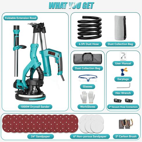 Drywall Sander, 1000W Popcorn Ceiling Removal Tool, Electric Drywall Sander with Vacuum Dust Collection & Digital Display Screen, 30Pcs Sanding Discs, 9 Variable Speed 800-2100RPM, Extendable Handle in Kuwait