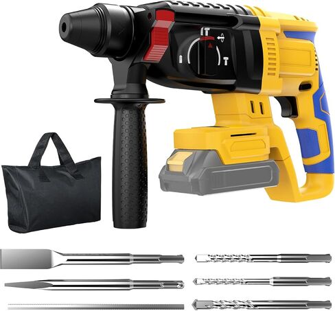 SDS Cordless Rotary Hammer Drill Fit for Dewalt 20V Battery(NO Battery) | Brushless Motor, Safety Clutch, 4 Functions with 5 Drills and Tool Bag for Concrete/Masonry/Wood/Metal (Yellow) in Kuwait