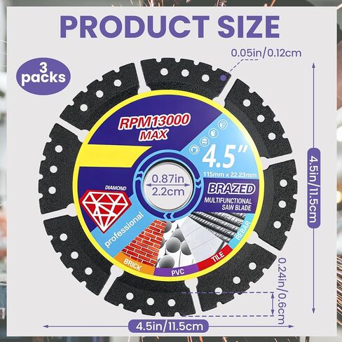 3 Pack 4.5" Diamond Multi-Purpose Saw Blade, 115mm Multi Material Diamond Cutting Blade for Cutting Marble/Quartz/Stone/Tile/Metal/Plastic in Kuwait