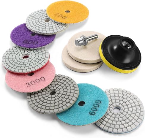 WORKEASE 3 Inch Diamond Polishing Pads with M14 Backer Pad, 12PCS Wet/Dry Granite Stone Polish Pad Kit for Drill, Grinder, Polisher, 50-6000 Grit Diamond Sanding Pad for Concrete Marble Rock in Kuwait