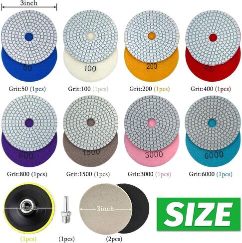 WORKEASE 3 Inch Diamond Polishing Pads with M14 Backer Pad, 12PCS Wet/Dry Granite Stone Polish Pad Kit for Drill, Grinder, Polisher, 50-6000 Grit Diamond Sanding Pad for Concrete Marble Rock in Kuwait