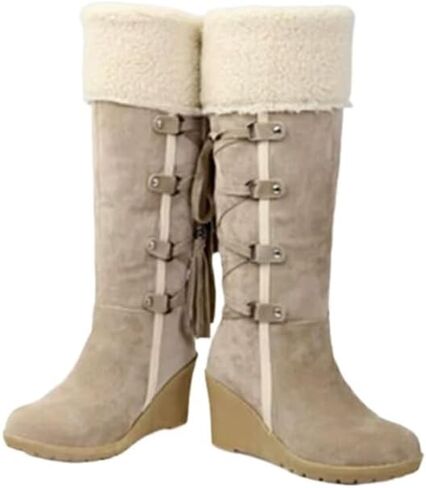 Women's Winter Thermal Lined Snow Boots, Stylish Tassel Decoration,Fashion Outdoor Boots, Women's Footwear Comfortable Mid-calf Sloped Heel in Kuwait