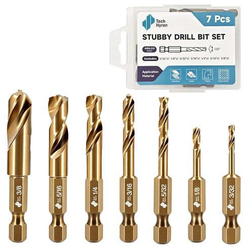 7Pcs Cobalt Stubby Drill Bit Set M35 HSS 1/4" Hex Shank 3/32"-3/8" | Short Drill Bits for Wood Plastic Hardened Steel Stainless Steel 135° Split Point Heavy Duty Hex Shank Drill Bit Set in Kuwait