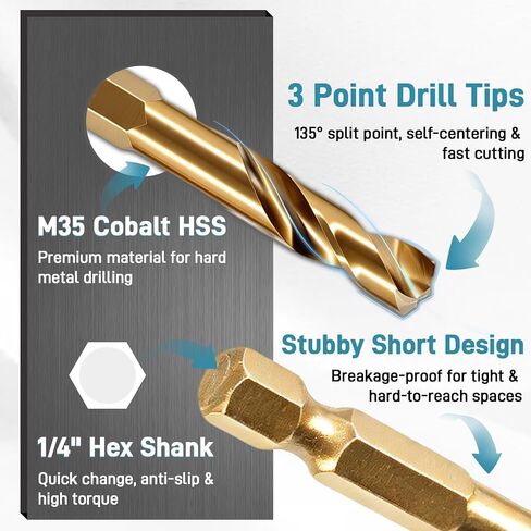 7Pcs Cobalt Stubby Drill Bit Set M35 HSS 1/4" Hex Shank 3/32"-3/8" | Short Drill Bits for Wood Plastic Hardened Steel Stainless Steel 135° Split Point Heavy Duty Hex Shank Drill Bit Set in Kuwait