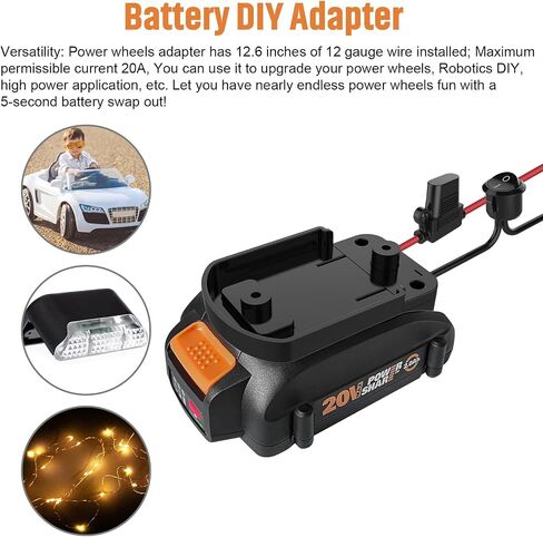 Power Wheel Adapter with Fuse&Switch, Secure Power Adapter for WX 20V, with 12 Gauge Wire, Good Power Converter for DIY Ride On Truck, Robotics, RC Toys&Work Lights in Kuwait
