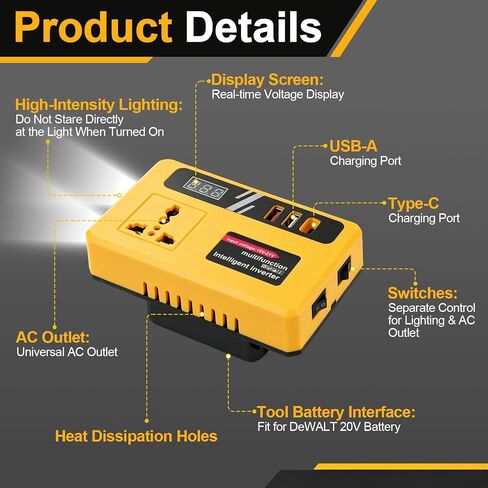 Portable Power Inverter Compatible with DeWALT 20V Battery(Tool Only) | DC20V to AC110V,Multi charging ports,LED lamp,Overheat,short circuit,overload protection,Hurricane storm outage backup device in Kuwait