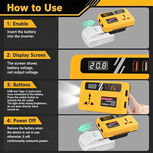 Portable Power Inverter Compatible with DeWALT 20V Battery(Tool Only) | DC20V to AC110V,Multi charging ports,LED lamp,Overheat,short circuit,overload protection,Hurricane storm outage backup device in Kuwait