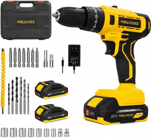 WELLOCKS 21V Cordless Drill Kit, 20N Torque, 10mm Chuck | 2-Speed 350/1500rpm Drill with 1300mah Battery, LED Light, Overmold Grip, Charger, And Storage Case. in Kuwait