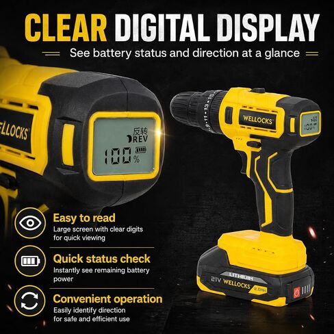 WELLOCKS 21V Cordless Drill Kit, 20N Torque, 10mm Chuck | 2-Speed 350/1500rpm Drill with 1300mah Battery, LED Light, Overmold Grip, Charger, And Storage Case. in Kuwait
