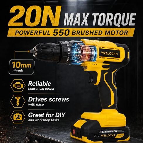 WELLOCKS 21V Cordless Drill Kit, 20N Torque, 10mm Chuck | 2-Speed 350/1500rpm Drill with 1300mah Battery, LED Light, Overmold Grip, Charger, And Storage Case. in Kuwait