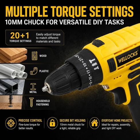 WELLOCKS 21V Cordless Drill Kit, 20N Torque, 10mm Chuck | 2-Speed 350/1500rpm Drill with 1300mah Battery, LED Light, Overmold Grip, Charger, And Storage Case. in Kuwait