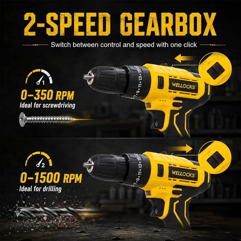 WELLOCKS 21V Cordless Drill Kit, 20N Torque, 10mm Chuck | 2-Speed 350/1500rpm Drill with 1300mah Battery, LED Light, Overmold Grip, Charger, And Storage Case. in Kuwait