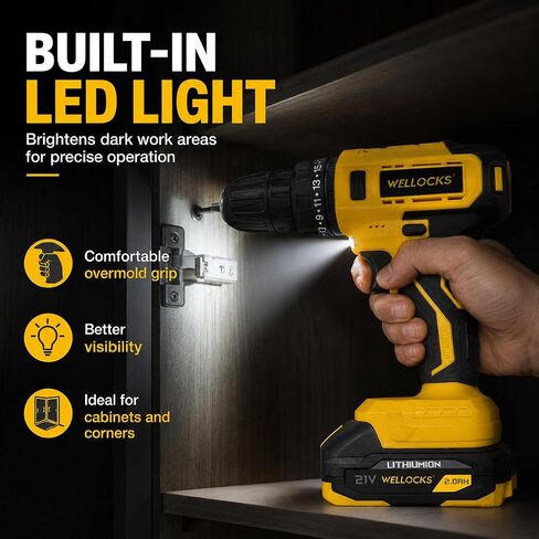 WELLOCKS 21V Cordless Drill Kit, 20N Torque, 10mm Chuck | 2-Speed 350/1500rpm Drill with 1300mah Battery, LED Light, Overmold Grip, Charger, And Storage Case. in Kuwait