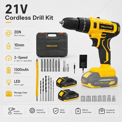 WELLOCKS 21V Cordless Drill Kit, 20N Torque, 10mm Chuck | 2-Speed 350/1500rpm Drill with 1300mah Battery, LED Light, Overmold Grip, Charger, And Storage Case. in Kuwait