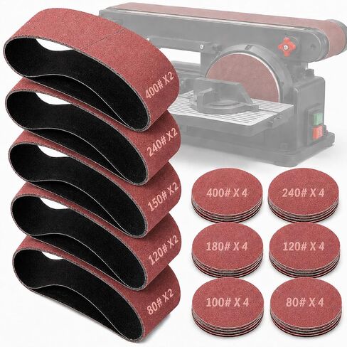 34 Pieces Sanding Belts and PSA Sanding Discs Set Alumina Includes 10 pcs 4 x 36 Inch Sanding Paper (80/120/150/240/400 Grits) and 24 pcs 6 Inch Self Adhesive Disc for Wood, Metal Polishing in Kuwait