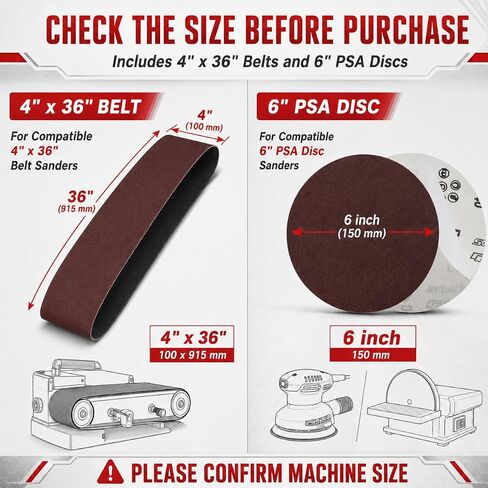 34 Pieces Sanding Belts and PSA Sanding Discs Set Alumina Includes 10 pcs 4 x 36 Inch Sanding Paper (80/120/150/240/400 Grits) and 24 pcs 6 Inch Self Adhesive Disc for Wood, Metal Polishing in Kuwait