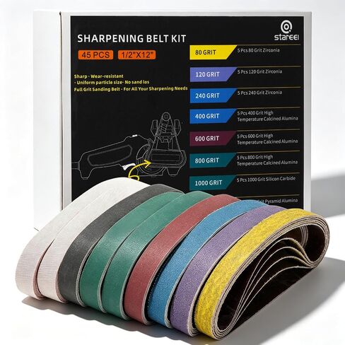 45 Pcs 1/2" x 12" Replacement Sharpening Belt Kit for Official Work Sharp Knife & Tool Sharpener (WSKTS & WSKTS-KT/Mk.1 & Mk.2) - Assorted Grits (80/120/240/400/600/800/1000/2500/5000) in Kuwait