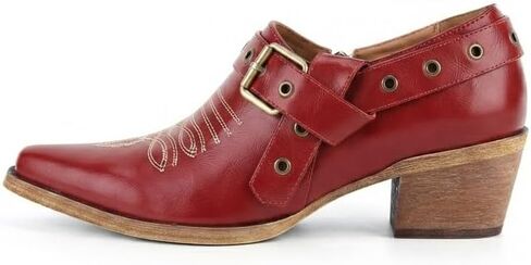 sexytag Western Ankle Boots Buckle Strap Cowgirl Heels Summer Short Booties | Distressed Stitching Detail, Adjustable Metal Buckle, Snip Pointed Toe, Comfortable Low Heel, Chic Daily Wear in Kuwait