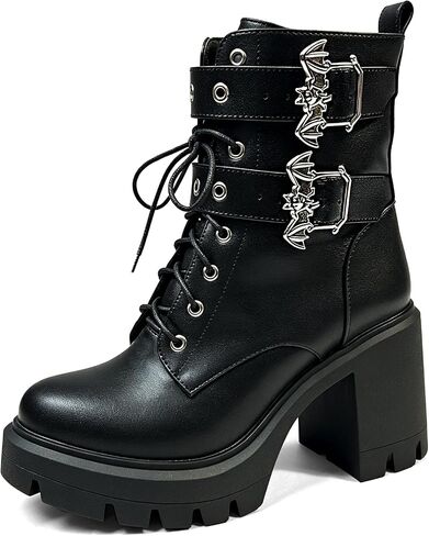 MEOTINA Platform Combat Boots Goth Chunky Heel Ankle Boots for Womens Punk Buckle Gothic Boot with Zipper Lace Up Black Dress Shoes in Kuwait