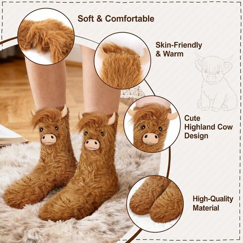 Funny Highland Cow Fuzzy Socks for Women and Teen Girls - Cute Birthday Gifts for Mom Girlfriend Slipper 3D Animal Bed Warm Cozy Fuzzy Socks for Winter -Gifts Ideas for Christmas Stocking in Saudi Arabia
