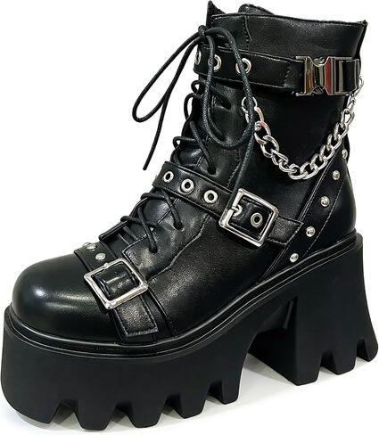 FOREADA Platform Combat Boots Women Goth Chain Chunky Heel Motorcycle Boot | Designed with chunky block stacked heeled, lace up, zipper, studded and buckle,edgy goth punk rock aesthetic in biker styling in Kuwait