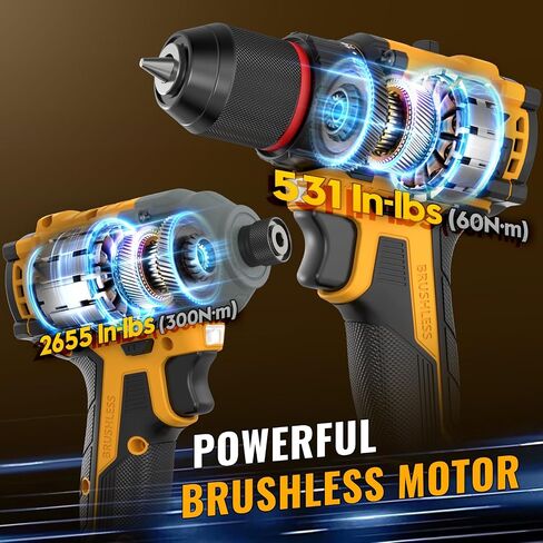 Power Tool Combo Kits - 21V Brushless 3/8" Cordless Drill and 1/4" Impact Driver Combo Set with 2 x 2.0Ah Batteries & Charger & Sockets Sets & Driver Bits & Drill Bits for Home Projects & DIY in Kuwait